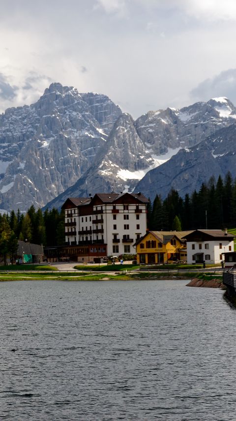 Download wallpaper 2160x3840 houses, lake, mountain, snow samsung galaxy s4, s5, note, sony xperia z, z1, z2, z3, htc one, lenovo vibe hd background