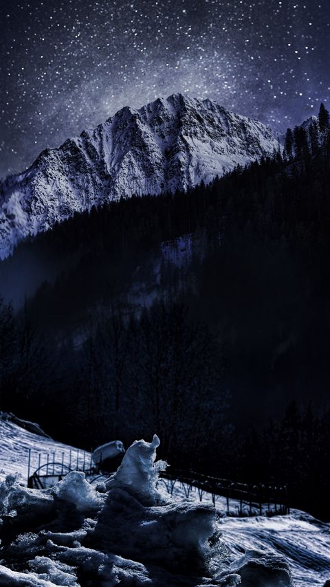 Download wallpaper 2160x3840 ice, mountain, snow, forest, night, winter samsung galaxy s4, s5, note, sony xperia z, z1, z2, z3, htc one, lenovo vibe hd background