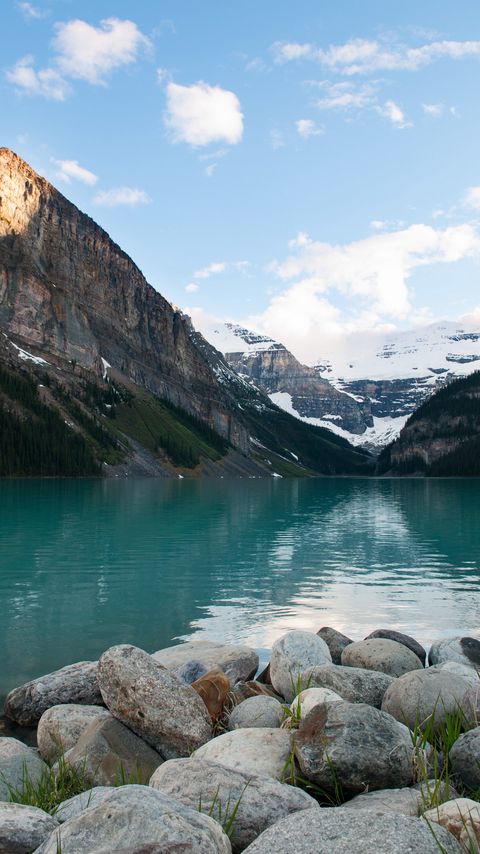 Download wallpaper 2160x3840 lake, mountains, stones, nature samsung galaxy s4, s5, note, sony xperia z, z1, z2, z3, htc one, lenovo vibe hd background