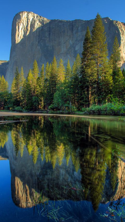 Download wallpaper 2160x3840 lake, rock, trees, reflection, landscape, nature samsung galaxy s4, s5, note, sony xperia z, z1, z2, z3, htc one, lenovo vibe hd background