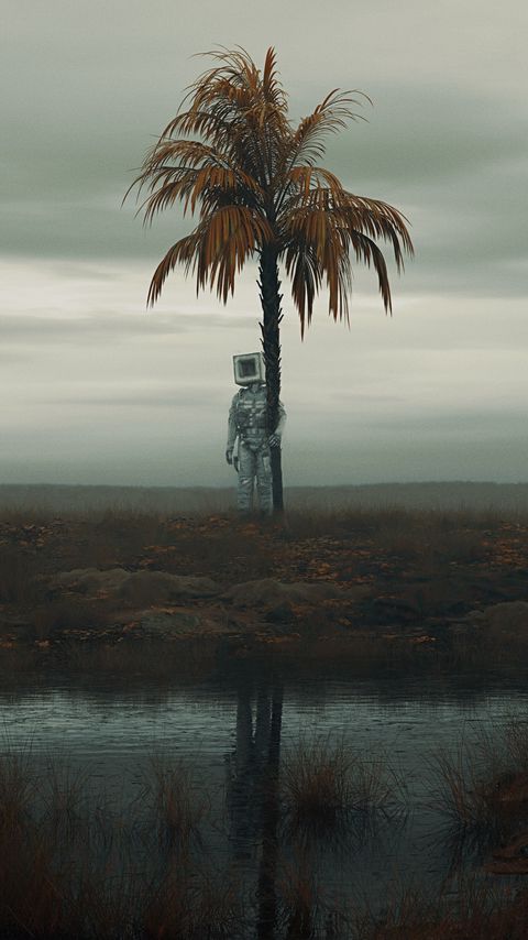 Download wallpaper 2160x3840 man, cube, palm tree, art samsung galaxy s4, s5, note, sony xperia z, z1, z2, z3, htc one, lenovo vibe hd background