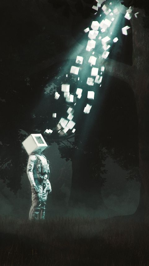 Download wallpaper 2160x3840 man, cube, shapes, light, fantasy, art samsung galaxy s4, s5, note, sony xperia z, z1, z2, z3, htc one, lenovo vibe hd background
