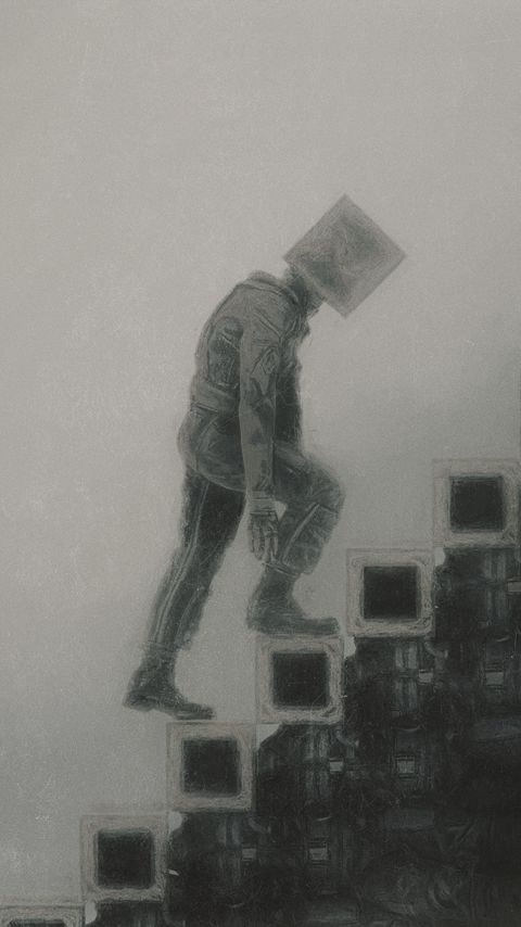 Download wallpaper 2160x3840 man, cube, stairs, fantasy, art samsung galaxy s4, s5, note, sony xperia z, z1, z2, z3, htc one, lenovo vibe hd background