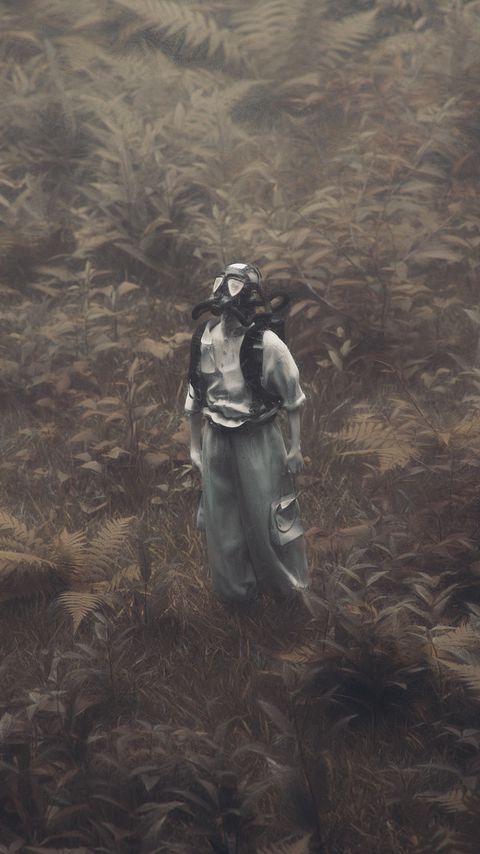 Download wallpaper 2160x3840 man, gas mask, branches, grass, art samsung galaxy s4, s5, note, sony xperia z, z1, z2, z3, htc one, lenovo vibe hd background