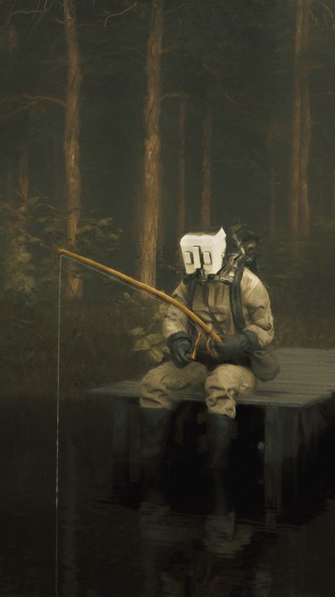 Download wallpaper 2160x3840 man, gas mask, fishing rod, fishing, art samsung galaxy s4, s5, note, sony xperia z, z1, z2, z3, htc one, lenovo vibe hd background