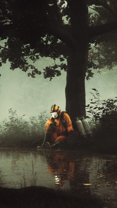 Download wallpaper 2160x3840 man, gas mask, pond, art samsung galaxy s4, s5, note, sony xperia z, z1, z2, z3, htc one, lenovo vibe hd background