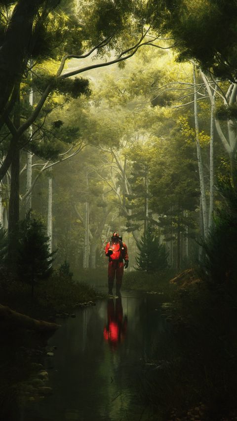 Download wallpaper 2160x3840 man, gas mask, stream, reflection, forest, art samsung galaxy s4, s5, note, sony xperia z, z1, z2, z3, htc one, lenovo vibe hd background