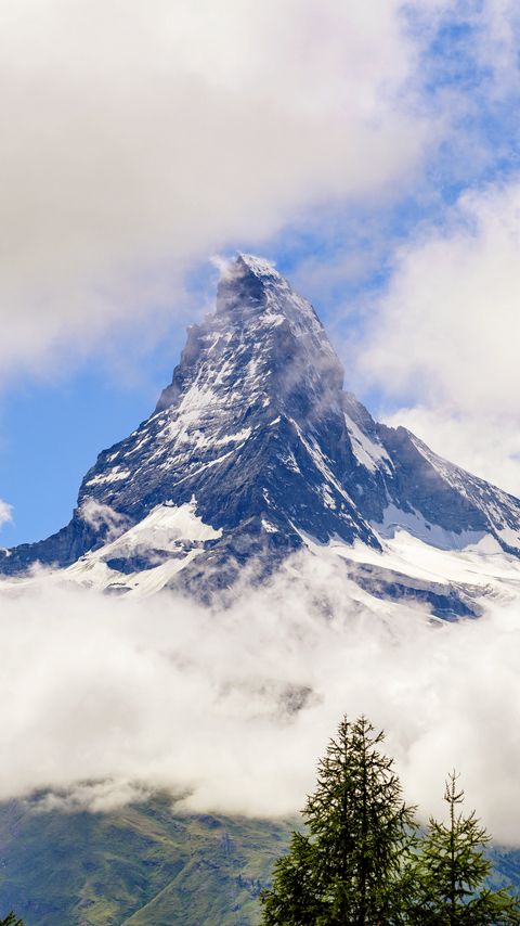 Download wallpaper 2160x3840 mountain, snow, clouds, trees samsung galaxy s4, s5, note, sony xperia z, z1, z2, z3, htc one, lenovo vibe hd background