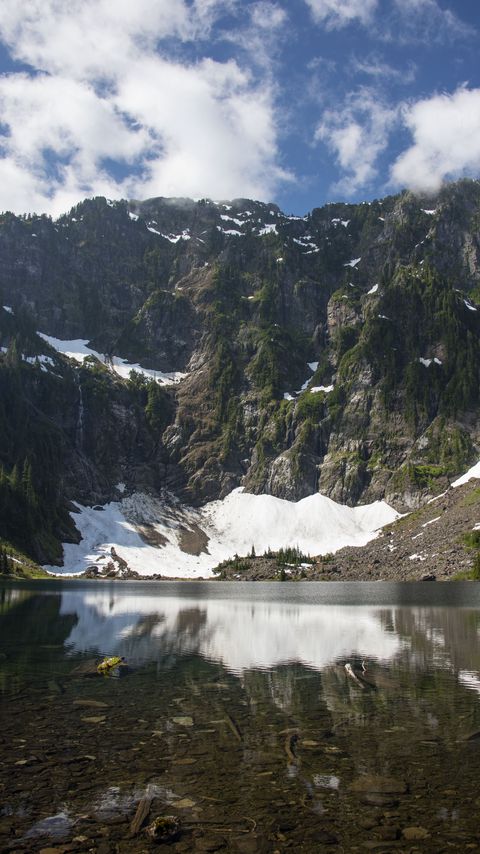Download wallpaper 2160x3840 mountain, snow, river, bottom samsung galaxy s4, s5, note, sony xperia z, z1, z2, z3, htc one, lenovo vibe hd background