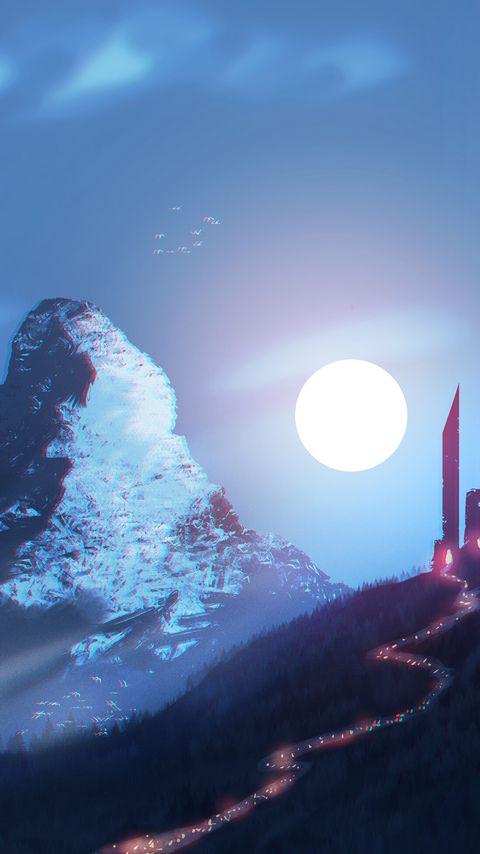 Download wallpaper 2160x3840 mountain, trail, moon, night, art samsung galaxy s4, s5, note, sony xperia z, z1, z2, z3, htc one, lenovo vibe hd background