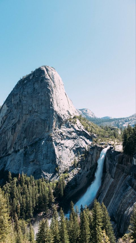 Download wallpaper 2160x3840 mountain, waterfall, trees, landscape samsung galaxy s4, s5, note, sony xperia z, z1, z2, z3, htc one, lenovo vibe hd background