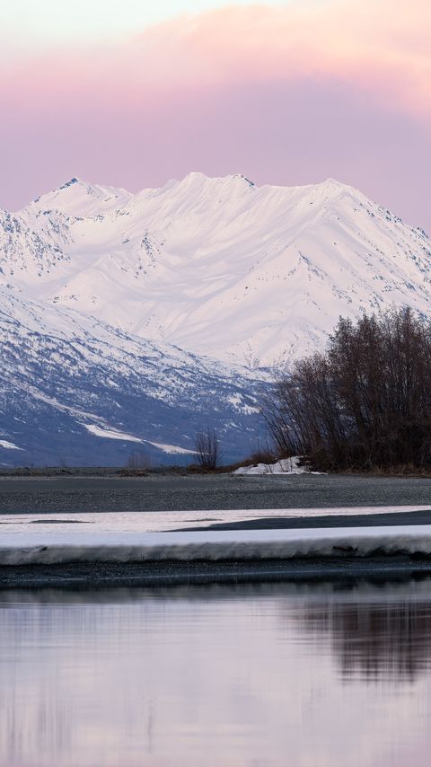 Download wallpaper 2160x3840 mountains, snow, trees, shore, river samsung galaxy s4, s5, note, sony xperia z, z1, z2, z3, htc one, lenovo vibe hd background