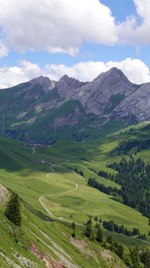 Download wallpaper 2160x3840 mountains, valley, trail, trees samsung galaxy s4, s5, note, sony xperia z, z1, z2, z3, htc one, lenovo vibe hd background