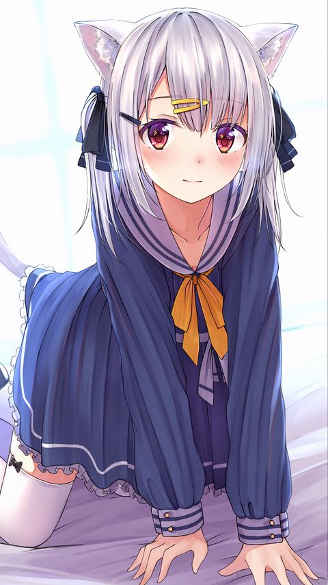 Download wallpaper 2160x3840 neko, ears, glance, cute, anime samsung galaxy s4, s5, note, sony xperia z, z1, z2, z3, htc one, lenovo vibe hd background