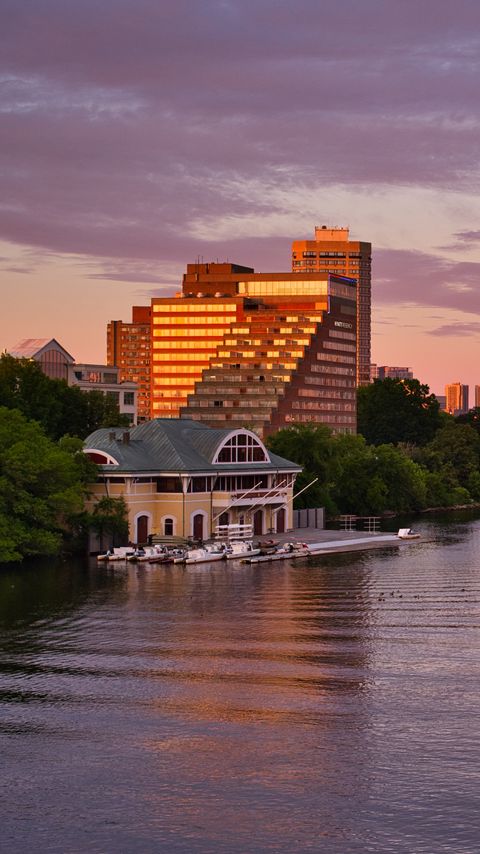 Download wallpaper 2160x3840 pier, house, buildings, river, trees, sunset samsung galaxy s4, s5, note, sony xperia z, z1, z2, z3, htc one, lenovo vibe hd background
