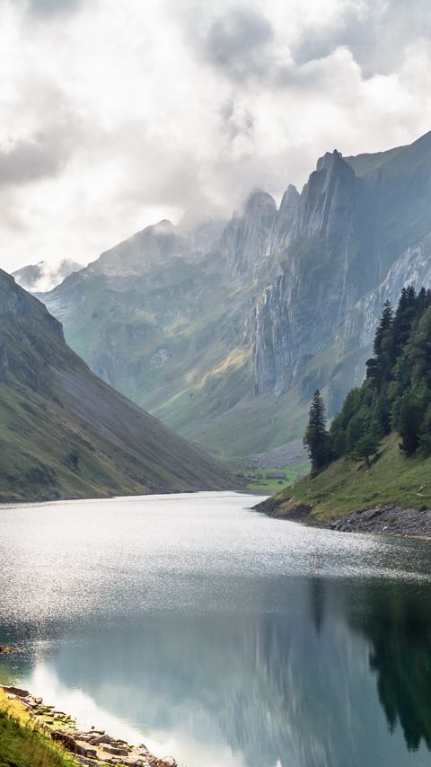 Download wallpaper 2160x3840 river, mountains, rocks, trees, clouds samsung galaxy s4, s5, note, sony xperia z, z1, z2, z3, htc one, lenovo vibe hd background