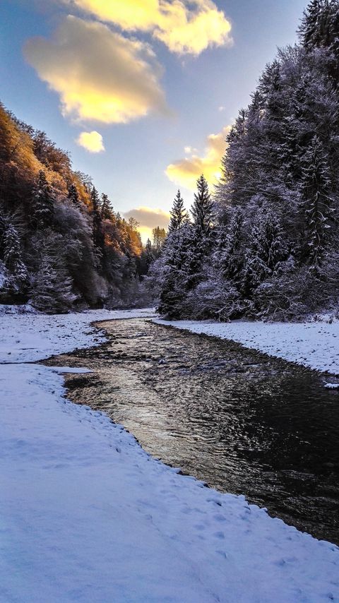 Download wallpaper 2160x3840 river, snow, trees samsung galaxy s4, s5, note, sony xperia z, z1, z2, z3, htc one, lenovo vibe hd background