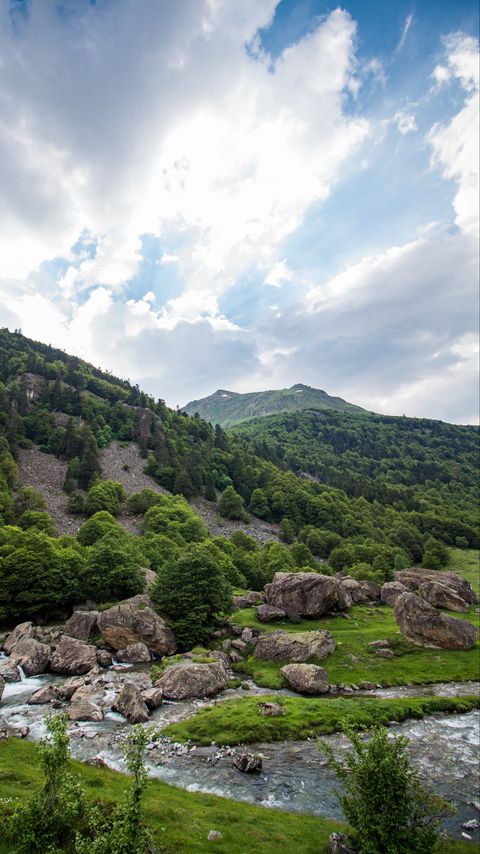 Download wallpaper 2160x3840 river, stones, mountains, clouds samsung galaxy s4, s5, note, sony xperia z, z1, z2, z3, htc one, lenovo vibe hd background