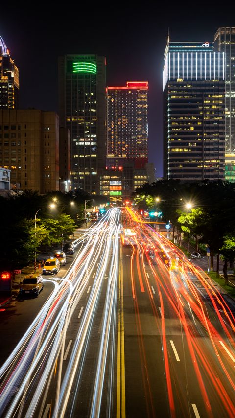 Download wallpaper 2160x3840 road, buildings, lights, long exposure, city, night samsung galaxy s4, s5, note, sony xperia z, z1, z2, z3, htc one, lenovo vibe hd background