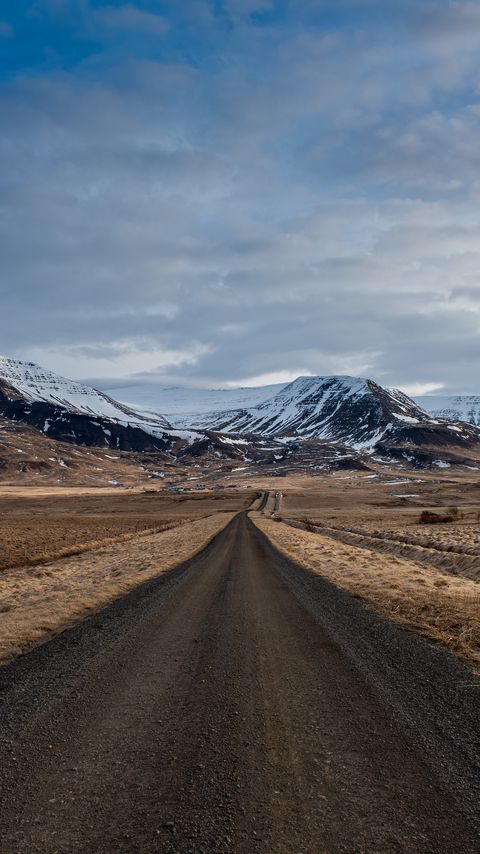 Download wallpaper 2160x3840 road, field, mountains, snow samsung galaxy s4, s5, note, sony xperia z, z1, z2, z3, htc one, lenovo vibe hd background