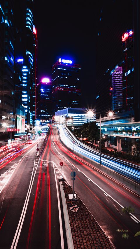 Download wallpaper 2160x3840 road, long exposure, lights, buildings, city samsung galaxy s4, s5, note, sony xperia z, z1, z2, z3, htc one, lenovo vibe hd background