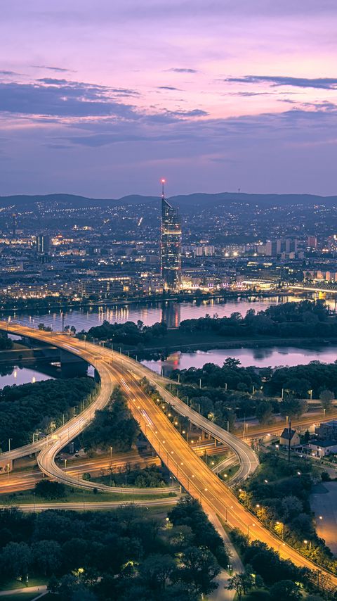 Download wallpaper 2160x3840 road, river, buildings, lights, city, twilight samsung galaxy s4, s5, note, sony xperia z, z1, z2, z3, htc one, lenovo vibe hd background