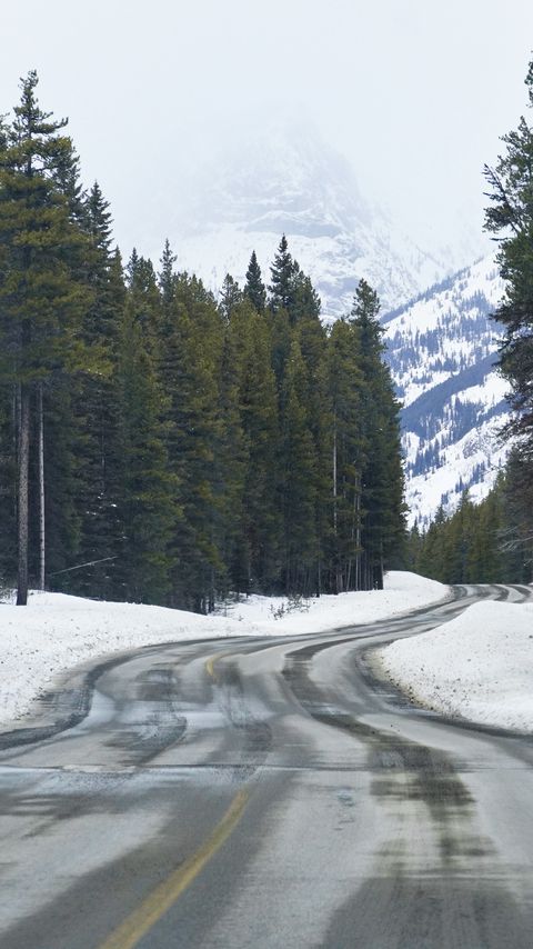 Download wallpaper 2160x3840 road, snow, trees, mountains, forest, nature samsung galaxy s4, s5, note, sony xperia z, z1, z2, z3, htc one, lenovo vibe hd background