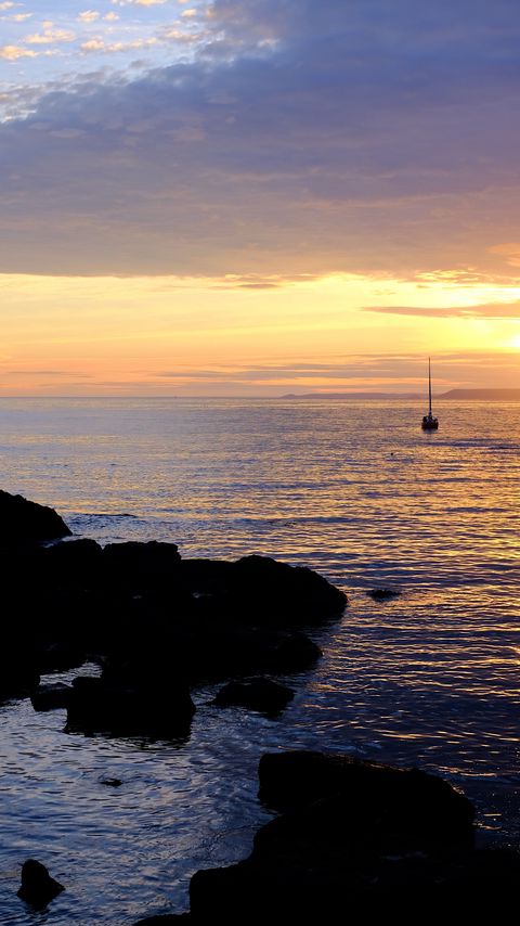 Download wallpaper 2160x3840 rocks, sea, ships, silhouettes, twilight samsung galaxy s4, s5, note, sony xperia z, z1, z2, z3, htc one, lenovo vibe hd background