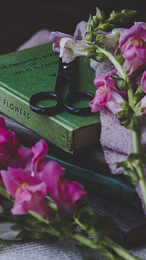 Download wallpaper 2160x3840 scissors, books, flowers, aesthetics samsung galaxy s4, s5, note, sony xperia z, z1, z2, z3, htc one, lenovo vibe hd background