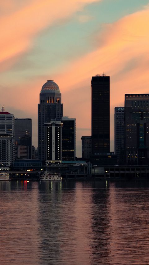 Download wallpaper 2160x3840 skyscrapers, buildings, lights, river, twilight, city samsung galaxy s4, s5, note, sony xperia z, z1, z2, z3, htc one, lenovo vibe hd background