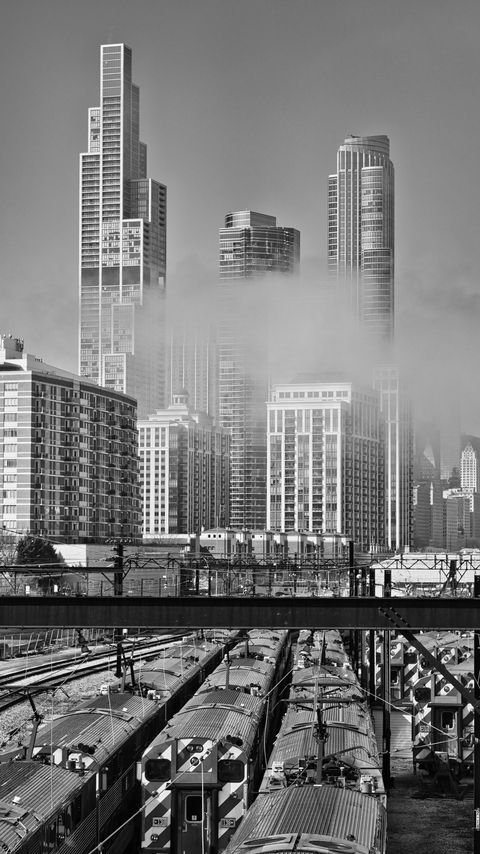 Download wallpaper 2160x3840 skyscrapers, fog, bridge, city, black and white samsung galaxy s4, s5, note, sony xperia z, z1, z2, z3, htc one, lenovo vibe hd background