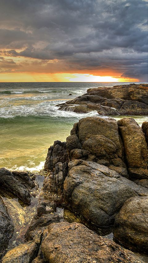 Download wallpaper 2160x3840 stones, sea, waves, sunset, nature samsung galaxy s4, s5, note, sony xperia z, z1, z2, z3, htc one, lenovo vibe hd background