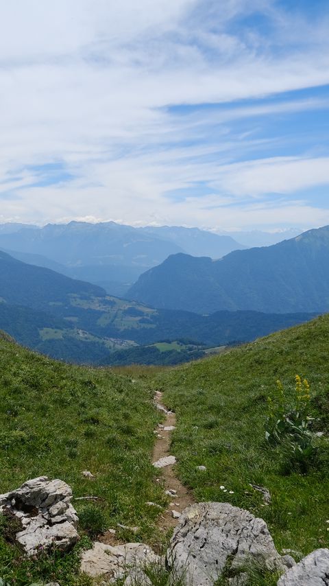 Download wallpaper 2160x3840 stones, trail, grass, slope, mountains samsung galaxy s4, s5, note, sony xperia z, z1, z2, z3, htc one, lenovo vibe hd background