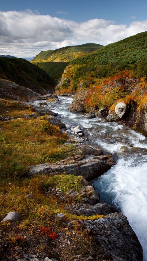 Download wallpaper 2160x3840 stream, hills, grass, stones samsung galaxy s4, s5, note, sony xperia z, z1, z2, z3, htc one, lenovo vibe hd background