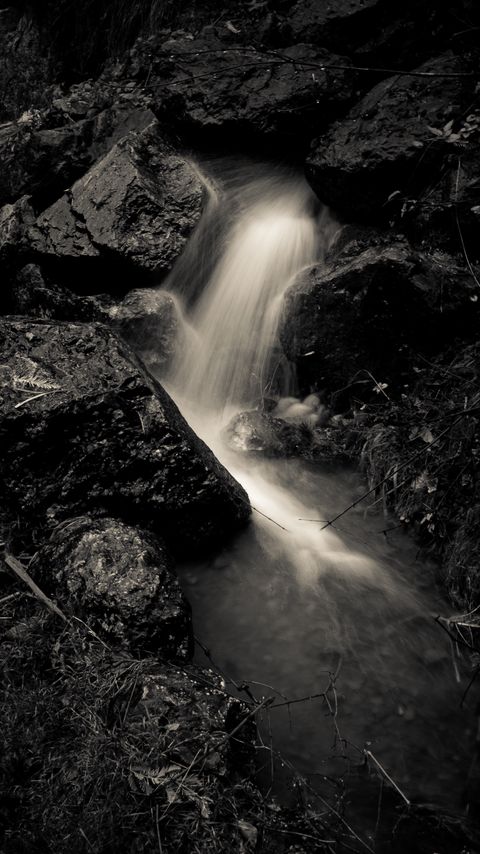 Download wallpaper 2160x3840 stream, stones, wet, long exposure, black and white samsung galaxy s4, s5, note, sony xperia z, z1, z2, z3, htc one, lenovo vibe hd background