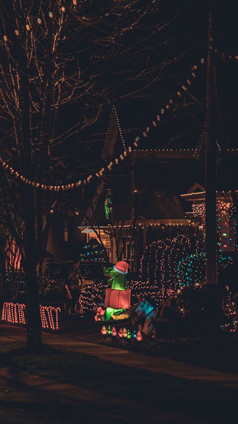 Download wallpaper 2160x3840 street, garlands, decorations, new year, christmas, dark samsung galaxy s4, s5, note, sony xperia z, z1, z2, z3, htc one, lenovo vibe hd background