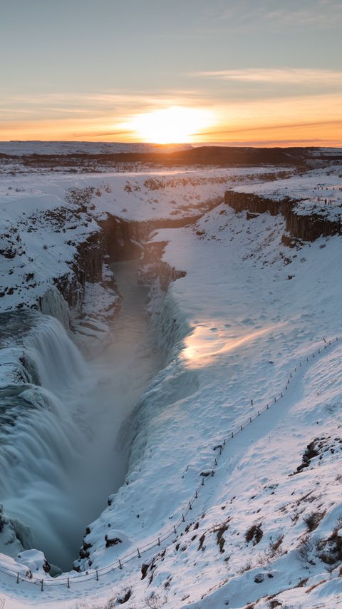 Download wallpaper 2160x3840 sunrise, waterfall, ice, snow, winter samsung galaxy s4, s5, note, sony xperia z, z1, z2, z3, htc one, lenovo vibe hd background