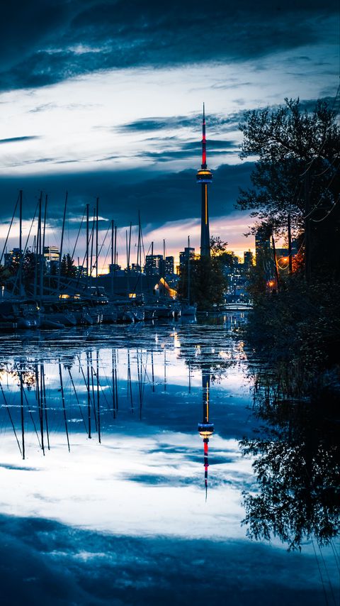 Download wallpaper 2160x3840 tower, boats, water, reflection, twilight samsung galaxy s4, s5, note, sony xperia z, z1, z2, z3, htc one, lenovo vibe hd background