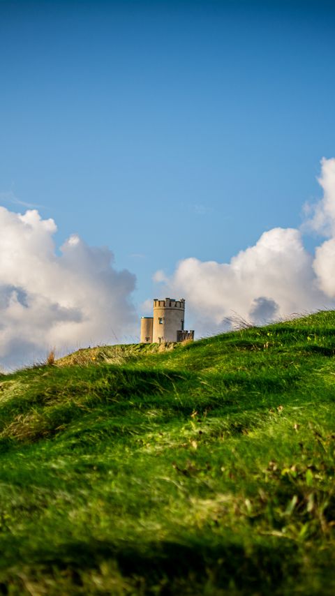 Download wallpaper 2160x3840 tower, hill, grass, clouds, nature samsung galaxy s4, s5, note, sony xperia z, z1, z2, z3, htc one, lenovo vibe hd background