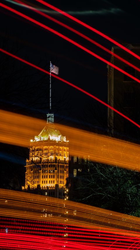 Download wallpaper 2160x3840 tower, lights, flag, long exposure samsung galaxy s4, s5, note, sony xperia z, z1, z2, z3, htc one, lenovo vibe hd background