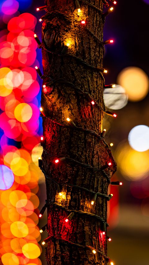 Download wallpaper 2160x3840 tree, bark, garland, bokeh, colorful, holiday samsung galaxy s4, s5, note, sony xperia z, z1, z2, z3, htc one, lenovo vibe hd background