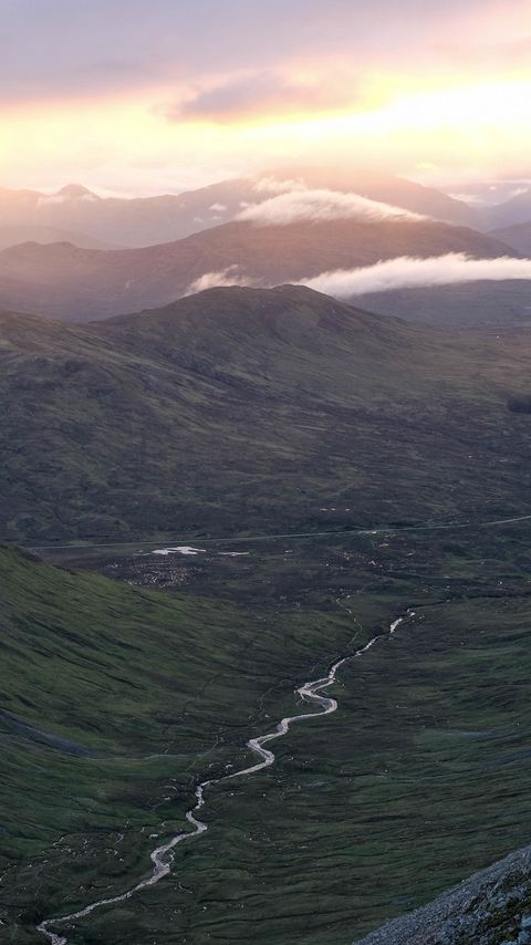 Download wallpaper 2160x3840 valley, stream, mountains, slopes, clouds samsung galaxy s4, s5, note, sony xperia z, z1, z2, z3, htc one, lenovo vibe hd background