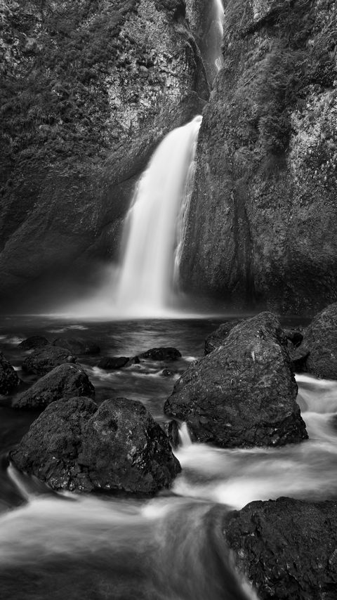 Download wallpaper 2160x3840 waterfall, river, stones, rocks, black and white samsung galaxy s4, s5, note, sony xperia z, z1, z2, z3, htc one, lenovo vibe hd background
