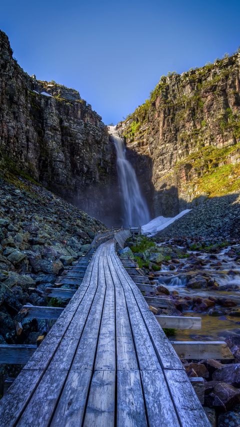 Download wallpaper 2160x3840 waterfall, rock, path, stones, landscape samsung galaxy s4, s5, note, sony xperia z, z1, z2, z3, htc one, lenovo vibe hd background