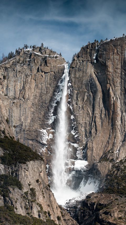 Download wallpaper 2160x3840 waterfall, rocks, snow, relief samsung galaxy s4, s5, note, sony xperia z, z1, z2, z3, htc one, lenovo vibe hd background
