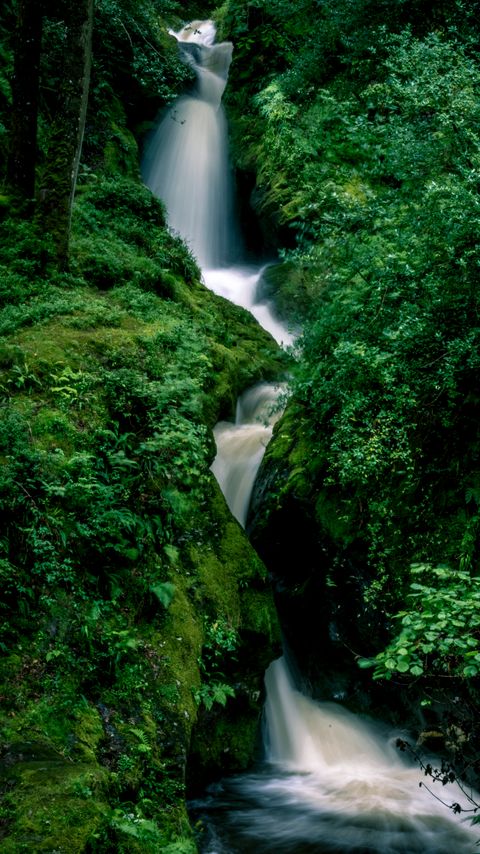 Download wallpaper 2160x3840 waterfall, splashes, stones, grass, moss samsung galaxy s4, s5, note, sony xperia z, z1, z2, z3, htc one, lenovo vibe hd background
