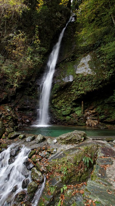 Download wallpaper 2160x3840 waterfall, stones, moss, trees samsung galaxy s4, s5, note, sony xperia z, z1, z2, z3, htc one, lenovo vibe hd background