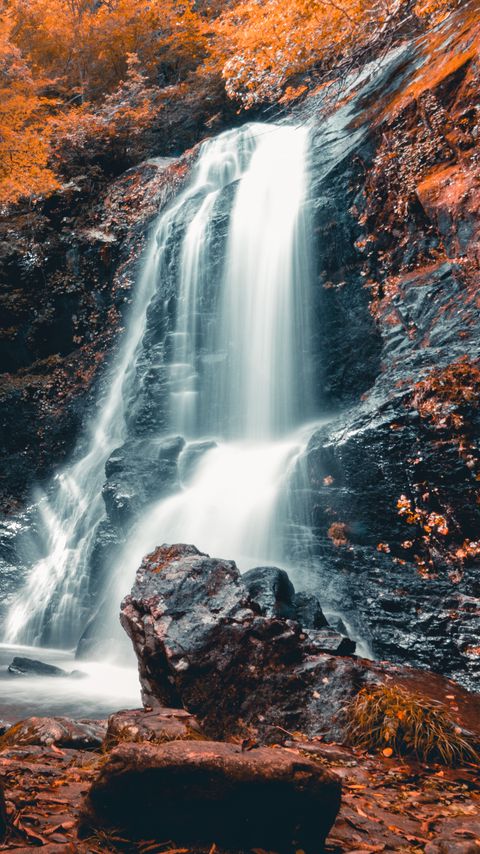 Download wallpaper 2160x3840 waterfall, stones, tree, autumn samsung galaxy s4, s5, note, sony xperia z, z1, z2, z3, htc one, lenovo vibe hd background
