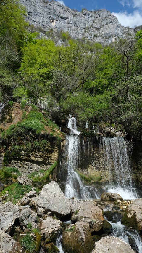 Download wallpaper 2160x3840 waterfall, stones, trees, rock, nature samsung galaxy s4, s5, note, sony xperia z, z1, z2, z3, htc one, lenovo vibe hd background