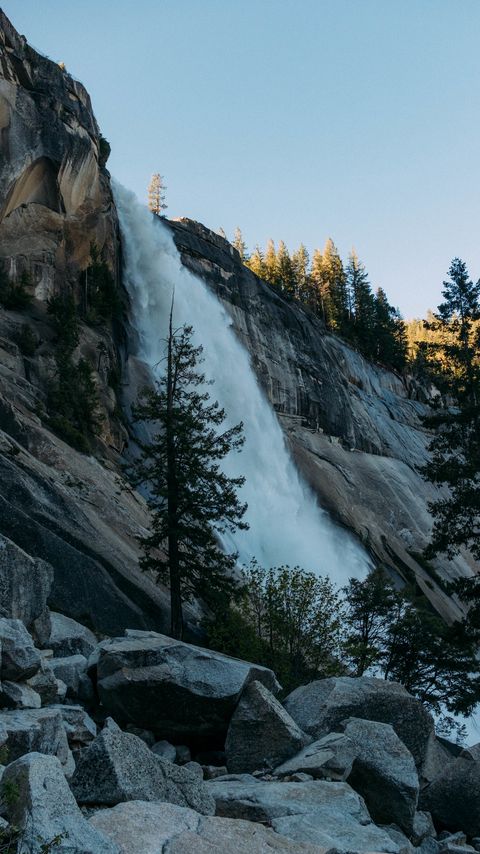 Download wallpaper 2160x3840 waterfall, stones, trees samsung galaxy s4, s5, note, sony xperia z, z1, z2, z3, htc one, lenovo vibe hd background